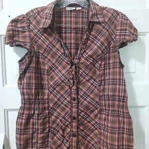 CATO Womans Large V-Neck Ruffle Edge Brown Stripe & Sparkle Blouse